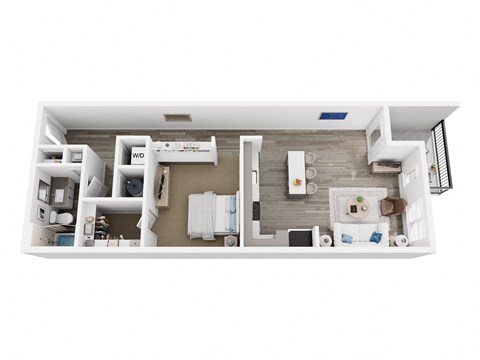 A top-down view of a small, neatly organized apartment.